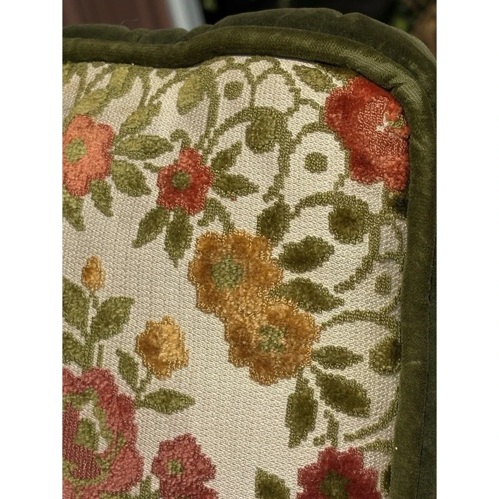 Vtg Chenille Floral Throw Pillow Green Gold Red Velvet Back Cording 12